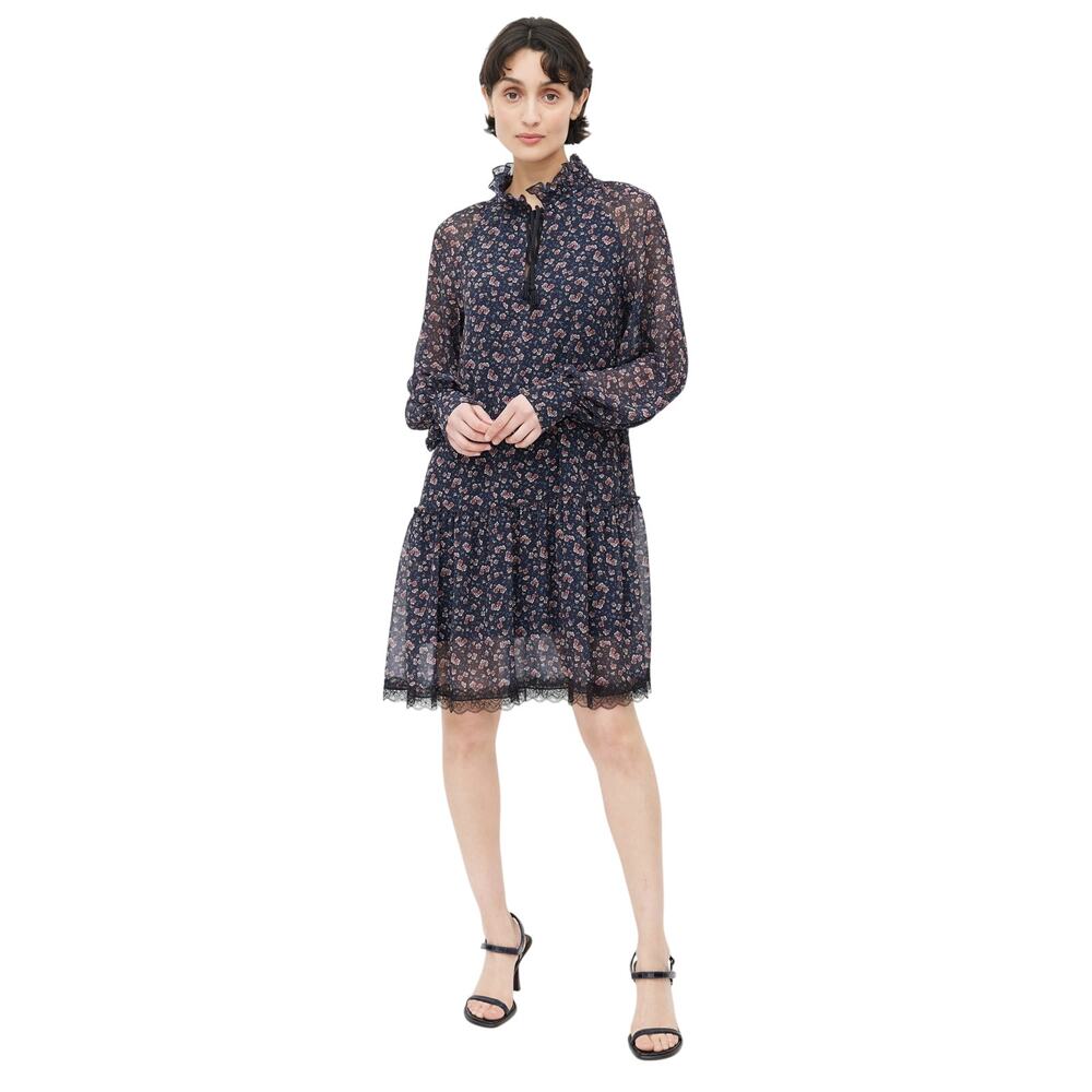See by Chloé Blue Floral Long Sleeve Haze Lace Trim Mini Dress Size 34